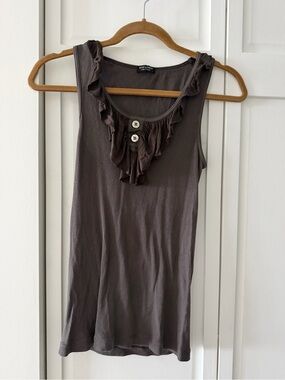 Mimi & Coco Brown Ribbed Cotton Ruffle Tank Top L y2k